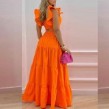 Plus Size Solid Color Tops Big Swing Skirt Two Piece Set GRST-8114
