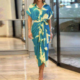 Plus Size Lapel Neck Print Shirt Dress GRST-8651-22037