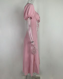 Bubble Sleeve Solid Color Tie Split Midi Dress GRST-8141
