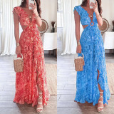 Plus Size Wrap Chest Print V Neck Split Maxi Dress GRST-24317