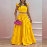 Plus Size Solid Color Tops Big Swing Skirt Two Piece Set GRST-8114