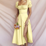 Bubble Sleeve Solid Color Tie Split Midi Dress GRST-8141