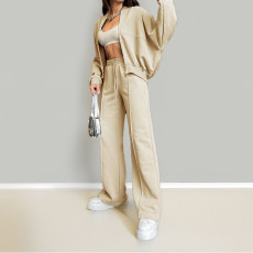 Solid Long Sleeve Zipper Loose Two Piece Pant Set GRST-28695