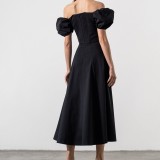 Bubble Sleeve Solid Color Tie Split Midi Dress GRST-8141