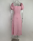 Bubble Sleeve Solid Color Tie Split Midi Dress GRST-8141