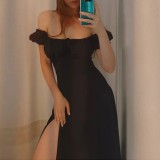 Bubble Sleeve Solid Color Tie Split Midi Dress GRST-8141