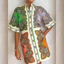Plus Size Print Lapel Single-breasted Midi Dress GRST-24545