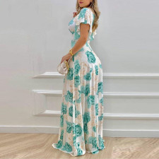 Plus Size Print V Neck Big Swing Maxi Dress GRST-9040
