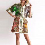 Plus Size Print Lapel Single-breasted Midi Dress GRST-24545