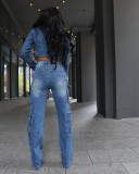 Casual Washed Denim Irregular Two Piece Pants Set TR-1318