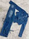 Casual Washed Denim Irregular Two Piece Pants Set TR-1318