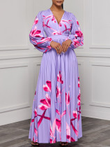 Plus Size V Neck Long Sleeve Pleated Long Dress GCZF-8582