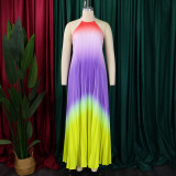 Plus Size Hang Neck Loose Gradient Color Pleated Maxi Dress GCZF-8583