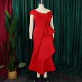 Plus Size Slash Neck Solid Color Evening Dress GCZF-8577