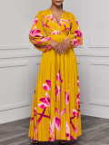 Plus Size V Neck Long Sleeve Pleated Long Dress GCZF-8582