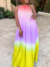 Plus Size Hang Neck Loose Gradient Color Pleated Maxi Dress GCZF-8583