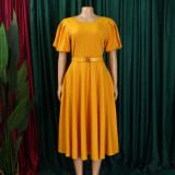 Plus Size Short Sleeve Bubble Sleeve Midi Dress GCZF-8601