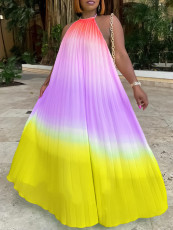 Plus Size Hang Neck Loose Gradient Color Pleated Maxi Dress GCZF-8583