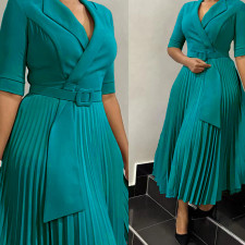 Plus Size Suit Collar 3/4 Sleeve Pleated Dress GCZF-8599