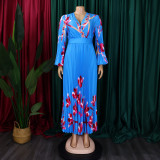 Plus Size V Neck Long Sleeve Pleated Long Dress GCZF-8582