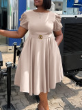 Plus Size Short Sleeve Bubble Sleeve Midi Dress GCZF-8601