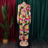 Plus Size Lapel Print Shirt Wide Leg Pants Suit GCZF-8597