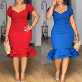 Plus Size Lantern Sleeve Wave Hem Midi Dress NY-10923