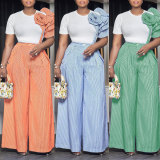 Plus Size Short Sleeve Stripe Loose Two Piece Pants Set NY-3271