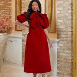 Plus Size Solid Color Bow Tie Midi Dress GCZF-D235-C1