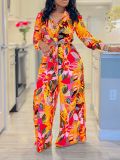 Plus Size Lapel Print Shirt Wide Leg Pants Suit GCZF-8597