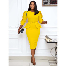 Plus Size Solid Color Long Sleeve Midi Dress GCZF-D092