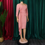 Plus Size Pleated 3/4 Sleeve Solid Midi Dress GCZF-8516