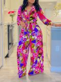 Plus Size Lapel Print Shirt Wide Leg Pants Suit GCZF-8597