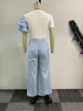 Plus Size Short Sleeve Stripe Loose Two Piece Pants Set NY-3271
