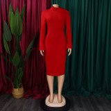 Plus Size Solid Color Long Sleeve Midi Dress GCZF-8606