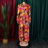 Plus Size Lapel Print Shirt Wide Leg Pants Suit GCZF-8597
