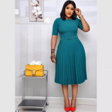 Plus Size Solid Color Pleated Midi Dress GCZF-D049