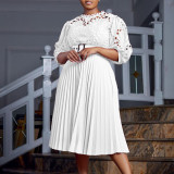Plus Size Lace Hollow Out Press Pleated Midi Dress GCZF-D254-C2