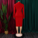 Plus Size Solid Color Long Sleeve Midi Dress GCZF-8606