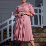 Plus Size Lace Hollow Out Press Pleated Midi Dress GCZF-D254-C2