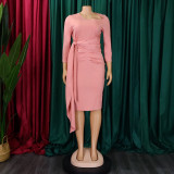 Plus Size Pleated 3/4 Sleeve Solid Midi Dress GCZF-8516