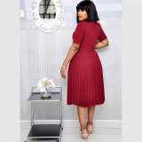 Plus Size Solid Color Pleated Midi Dress GCZF-D049