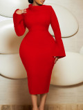 Plus Size Solid Color Long Sleeve Midi Dress GCZF-8606