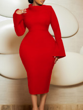Plus Size Solid Color Long Sleeve Midi Dress GCZF-8606