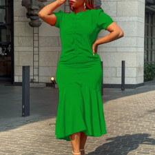 Plus Size Solid Color V Neck Short Sleeve Midi Dress GCZF-8507