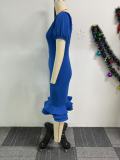 Plus Size Lantern Sleeve Wave Hem Midi Dress NY-10923