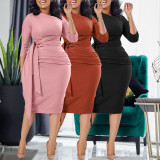 Plus Size Pleated 3/4 Sleeve Solid Midi Dress GCZF-8516