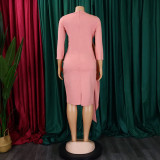 Plus Size Pleated 3/4 Sleeve Solid Midi Dress GCZF-8516