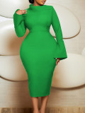 Plus Size Solid Color Long Sleeve Midi Dress GCZF-8606