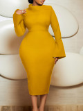 Plus Size Solid Color Long Sleeve Midi Dress GCZF-8606